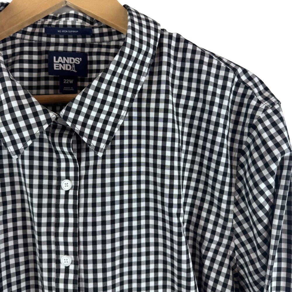 Lands' End Button Down Shirt Womens 22W Black Gingham No Iron Supima Cotton Long
